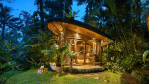 A minimalist bamboo cabin in Selat, East Bali, designed for solo travelers and couples traveling light.